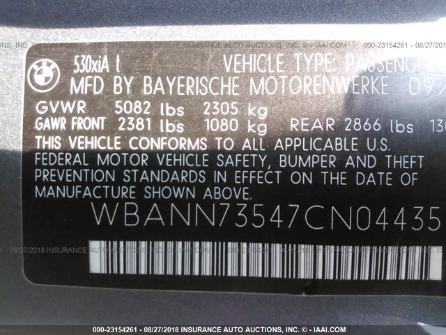 WBANN73547CN04435 - 2007 BMW 530 XIT GRAY photo 9