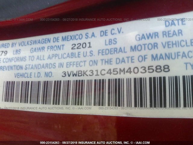 3VWBK31C45M403588 - 2005 VOLKSWAGEN NEW BEETLE GL 红色 照片 9