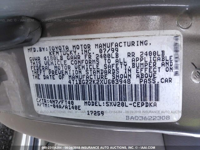 4T1BG22K2XU603948 - 1999 TOYOTA CAMRY CE/LE/XLE ნაცრისფერი ფოტო 9