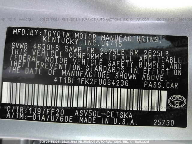 4T1BF1FK2FU064236 - 2015 TOYOTA CAMRY LE/XLE/SE/XSE SILVER photo 9