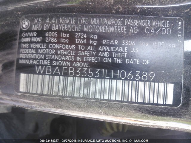 WBAFB33531LH06389 - 2001 BMW X5 4.4I BLACK photo 9