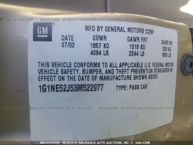 1G1NE52J53M522977 - 2003 CHEVROLET MALIBU LS თაფლისფერი ფოტო 9