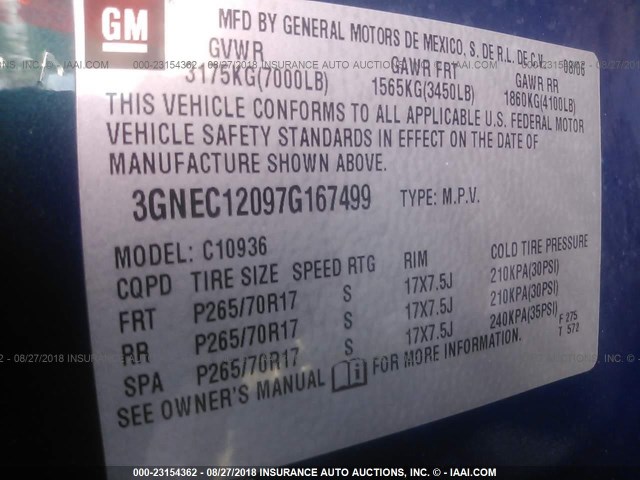 3GNEC12097G167499 - 2007 CHEVROLET AVALANCHE C1500 BLUE photo 9