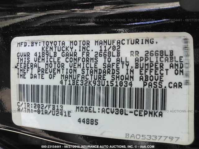 4T1BE32K93U151034 - 2003 TOYOTA CAMRY LE/XLE/SE Qara foto 9