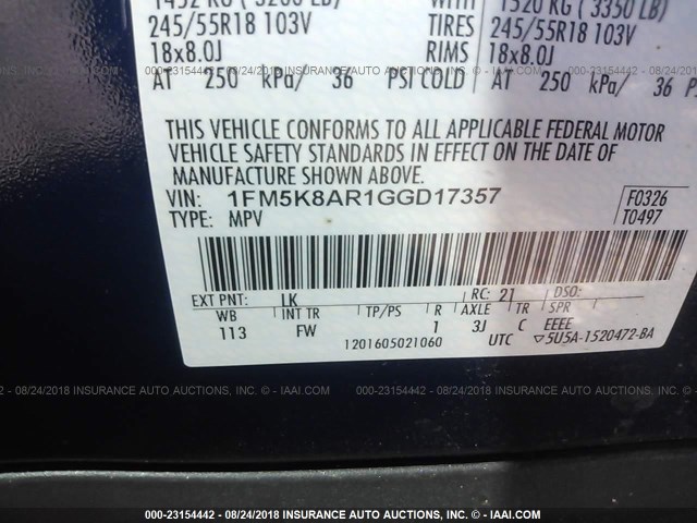 1FM5K8AR1GGD17357 - 2016 FORD EXPLORER POLICE INTERCEPTOR BLUE photo 9