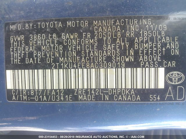 2T1KU4EE8AC309019 - 2010 TOYOTA COROLLA MATRIX  BLUE photo 9