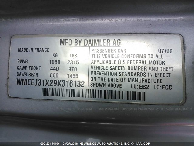 WMEEJ31X29K316132 - 2009 SMART FORTWO PURE/PASSION BLUE photo 9