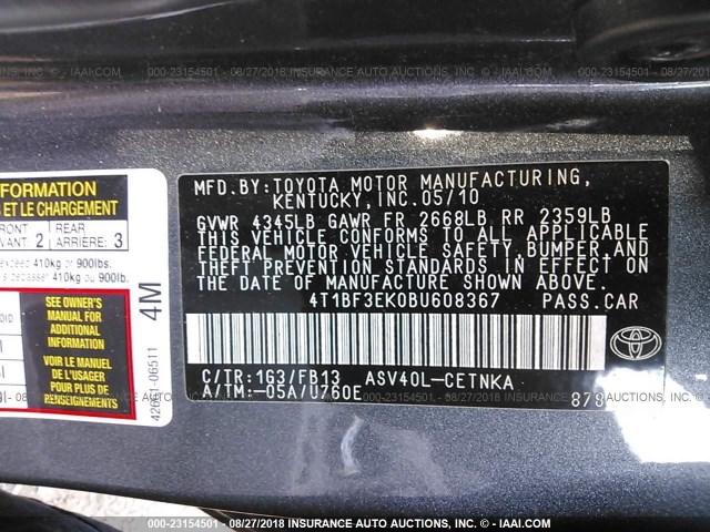 4T1BF3EK0BU608367 - 2011 TOYOTA CAMRY SE/LE/XLE ნაცრისფერი ფოტო 9