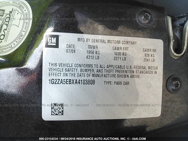 1G2ZA5EBXA4103808 - 2010 PONTIAC G6 BLACK photo 9