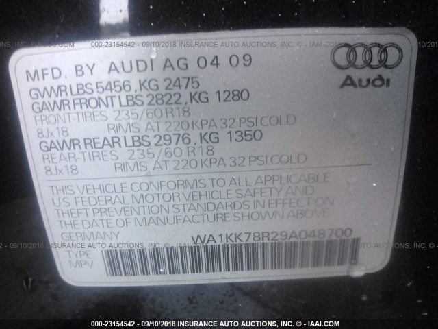 WA1KK78R29A048700 - 2009 AUDI Q5 3.2 BLACK photo 9