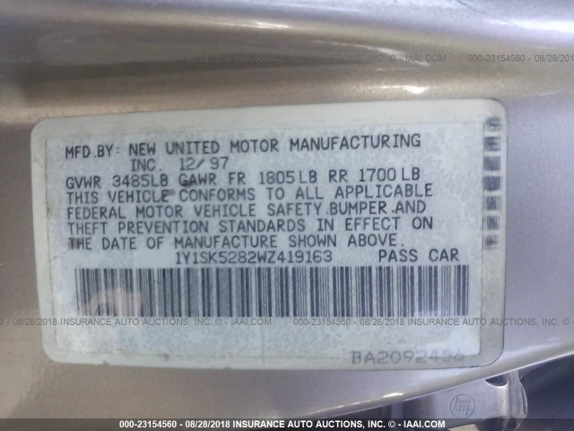 1Y1SK5282WZ419163 - 1998 CHEVROLET GEO PRIZM LSI Champagne photo 9