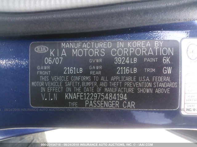 KNAFE122975484194 - 2007 KIA SPECTRA EX/LX BLUE photo 9