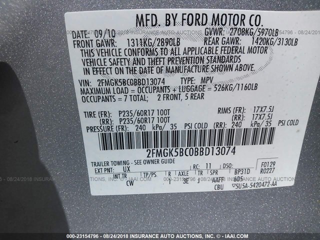 2FMGK5BC0BBD13074 - 2011 FORD FLEX SE SILVER photo 9