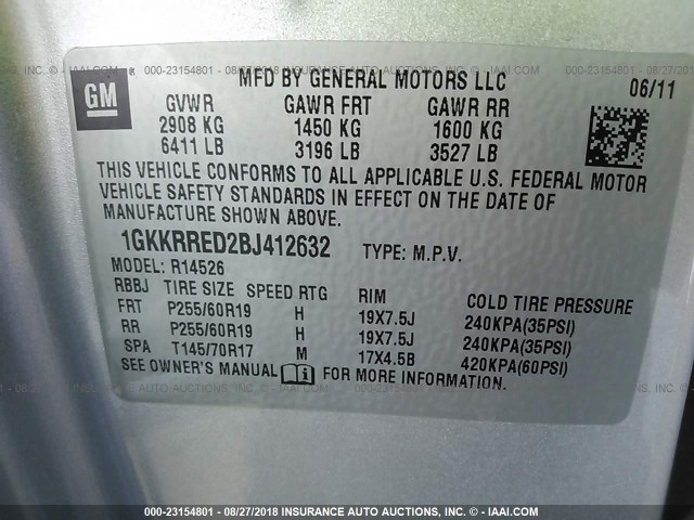 1GKKRRED2BJ412632 - 2011 GMC ACADIA SLT-1 Srebrny zdjęcie 9