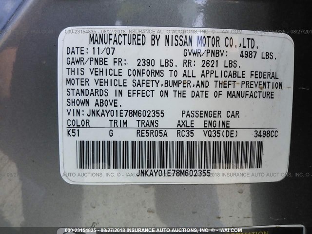 JNKAY01E78M602355 - 2008 INFINITI M35 SPORT SILVER photo 9