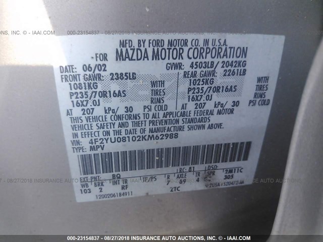 4F2YU08102KM62988 - 2002 MAZDA TRIBUTE LX/ES 金色 照片 9