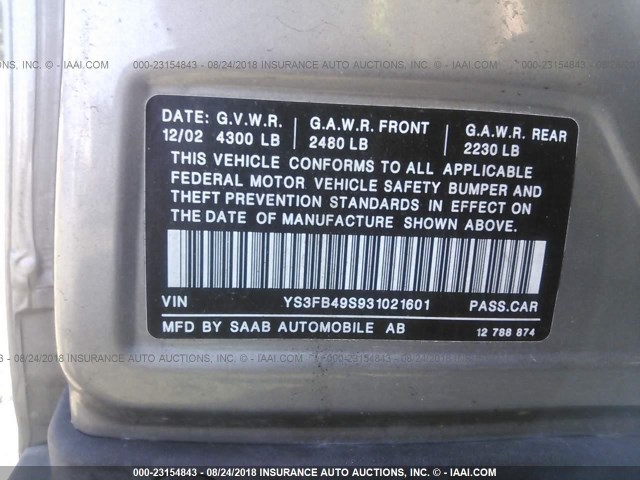 YS3FB49S931021601 - 2003 SAAB 9-3 LINEAR GRAY photo 9