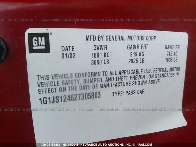 1G1JS124627305803 - 2002 CHEVROLET CAVALIER LS RED photo 9