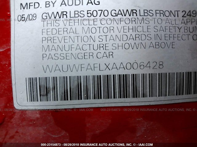 WAUWFAFLXAA006428 - 2010 AUDI A4 PREMIUM PLUS RED photo 9