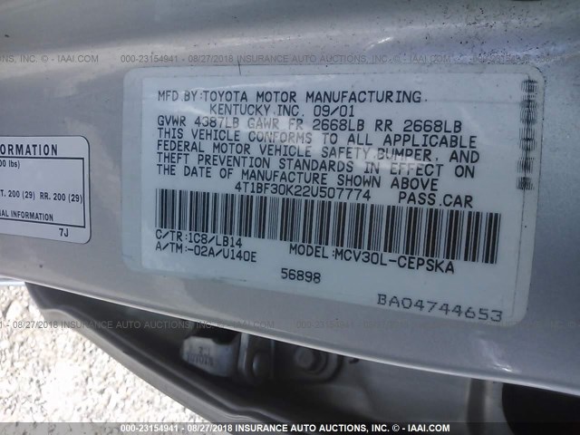 4T1BF30K22U507774 - 2002 TOYOTA CAMRY LE/XLE/SE 银色 照片 9