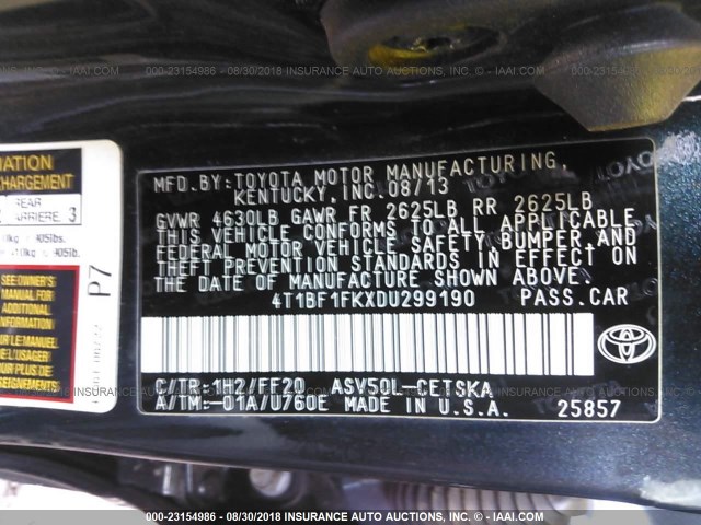 4T1BF1FKXDU299190 - 2013 TOYOTA CAMRY L/SE/LE/XLE 灰色 照片 9