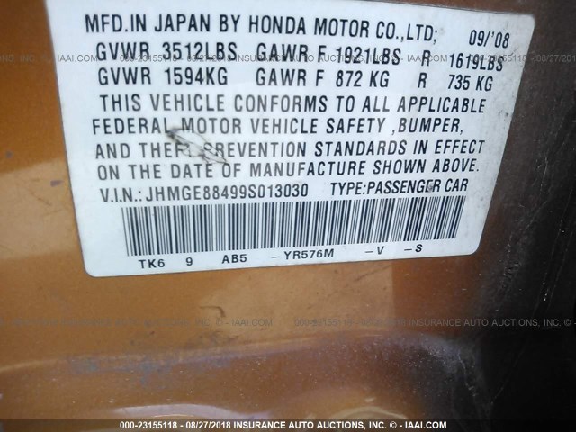 JHMGE88499S013030 - 2009 HONDA FIT SPORT ORANGE photo 9