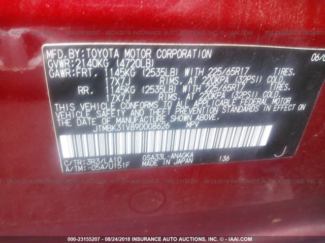 JTMBK31V89D008626 - 2009 TOYOTA RAV4 LIMITED RED photo 9