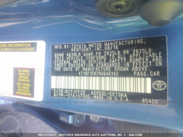 4T1BF1FK7HU646142 - 2017 TOYOTA CAMRY LE/XLE/SE/XSE 蓝色 照片 9