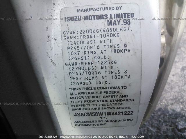 4S6CM58W1W4421222 - 1998 HONDA PASSPORT EX/LX 白色 照片 9