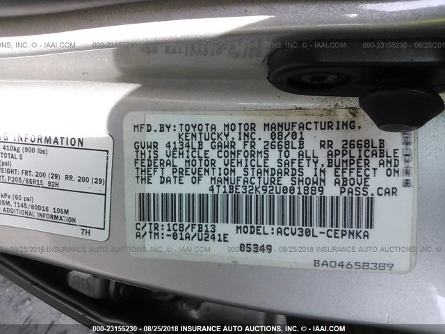 4T1BE32K92U001889 - 2002 TOYOTA CAMRY LE/XLE/SE Күміс фото 9