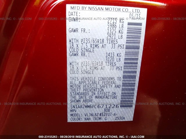 5N1AR2MM6FC671226 - 2015 NISSAN PATHFINDER S/SV/SL/PLATINUM RED photo 9