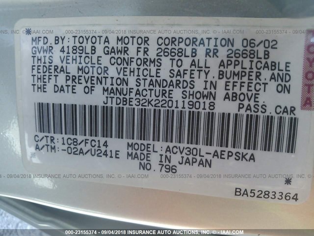 JTDBE32K220119018 - 2002 TOYOTA CAMRY LE/XLE/SE SILVER photo 9