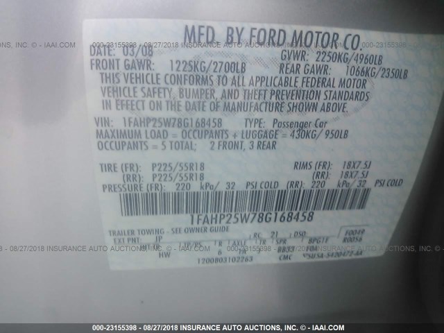 1FAHP25W78G168458 - 2008 FORD TAURUS LIMITED SILVER photo 9