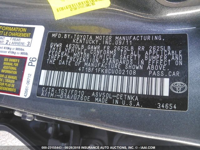 4T1BF1FK8CU002108 - 2012 TOYOTA CAMRY SE/LE/XLE GRAY photo 9