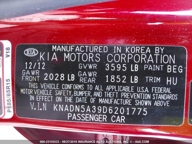 KNADN5A39D6201775 - 2013 KIA RIO EX/SX RED photo 9