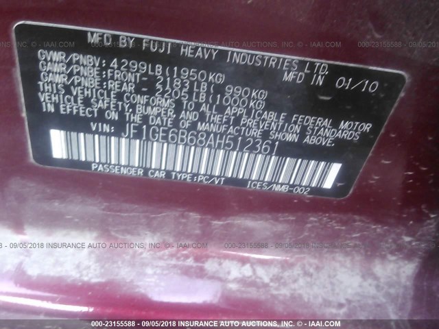 JF1GE6B68AH512361 - 2010 SUBARU IMPREZA 2.5I PREMIUM RED photo 9