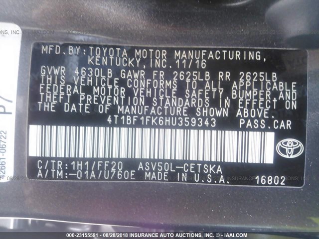 4T1BF1FK6HU359343 - 2017 TOYOTA CAMRY LE/XLE/SE/XSE 灰色 照片 9