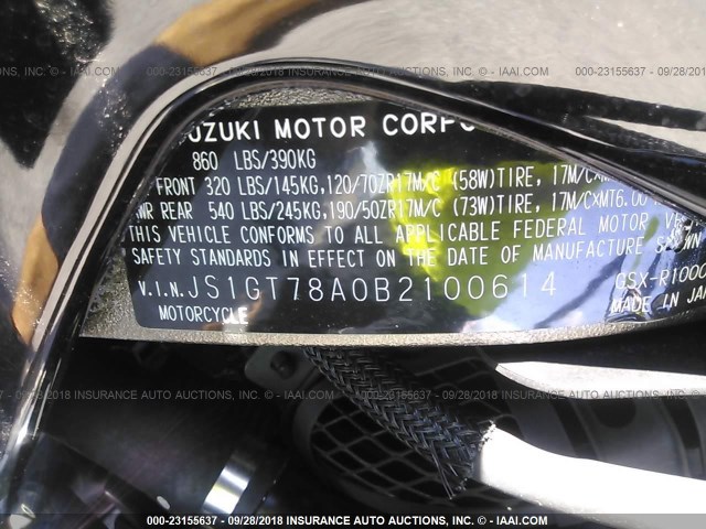 JS1GT78A0B2100614 - 2011 SUZUKI GSX-R1000 BLACK photo 10