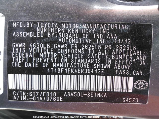 4T4BF1FK4ER364137 - 2014 TOYOTA CAMRY L/SE/LE/XLE Boz foto 9