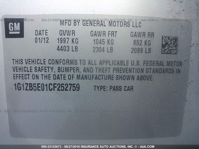 1G1ZB5E01CF252759 - 2012 CHEVROLET MALIBU LS 银色 照片 9