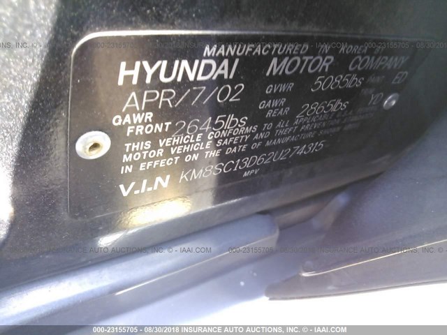 KM8SC13D62U274315 - 2002 HYUNDAI SANTA FE GLS/LX BLACK photo 9