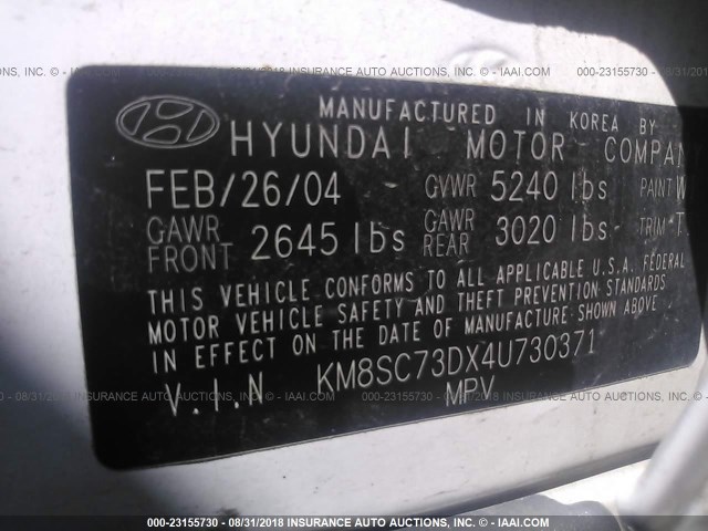 KM8SC73DX4U730371 - 2004 HYUNDAI SANTA FE GLS/LX WHITE photo 9