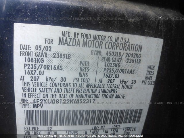 4F2YU08122KM52317 - 2002 MAZDA TRIBUTE LX/ES 蓝色 照片 9