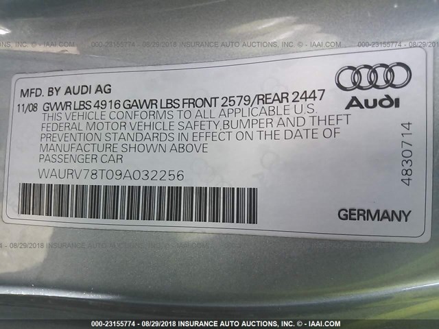 WAURV78T09A032256 - 2009 AUDI S5 QUATTRO GRAY photo 9