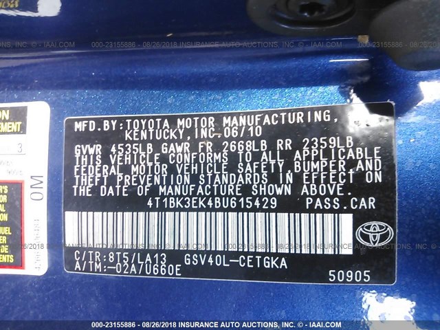4T1BK3EK4BU615429 - 2011 TOYOTA CAMRY SE/LE/XLE 深蓝色 照片 9