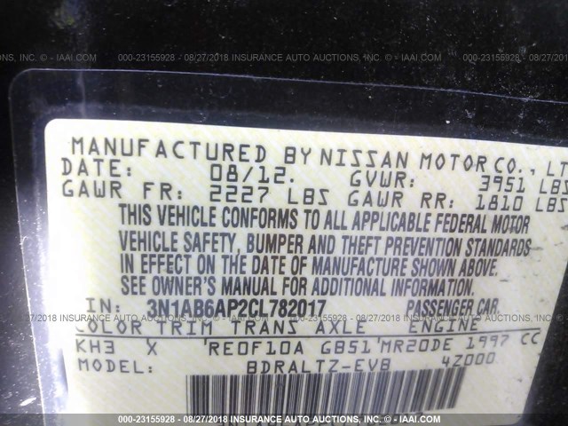 3N1AB6AP2CL782017 - 2012 NISSAN SENTRA 2.0/2.0S/SR/2.0SL 黑色 照片 9