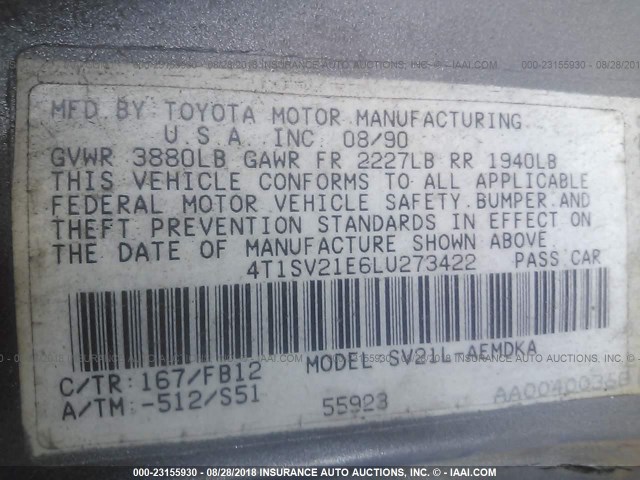 4T1SV21E6LU273422 - 1990 TOYOTA CAMRY DLX 灰色 照片 9