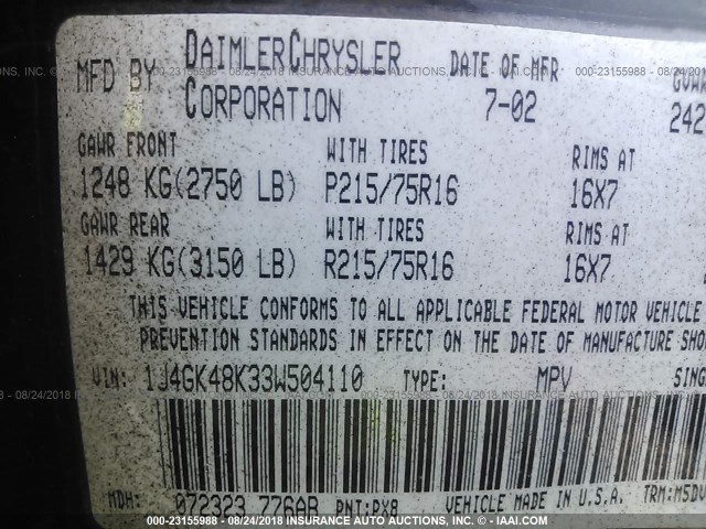 1J4GK48K33W504110 - 2003 JEEP LIBERTY SPORT/FREEDOM შავი ფოტო 9