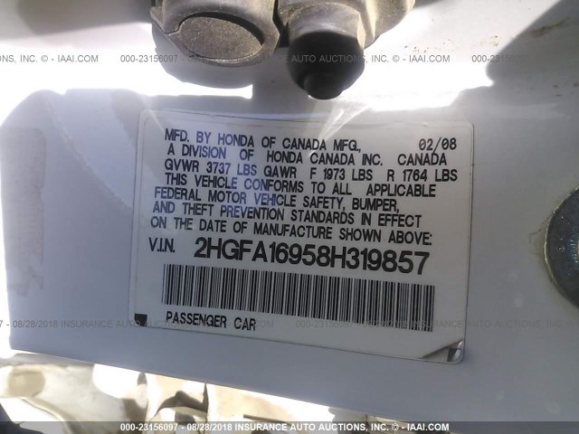 2HGFA16958H319857 - 2008 HONDA CIVIC EXL 白色 照片 9