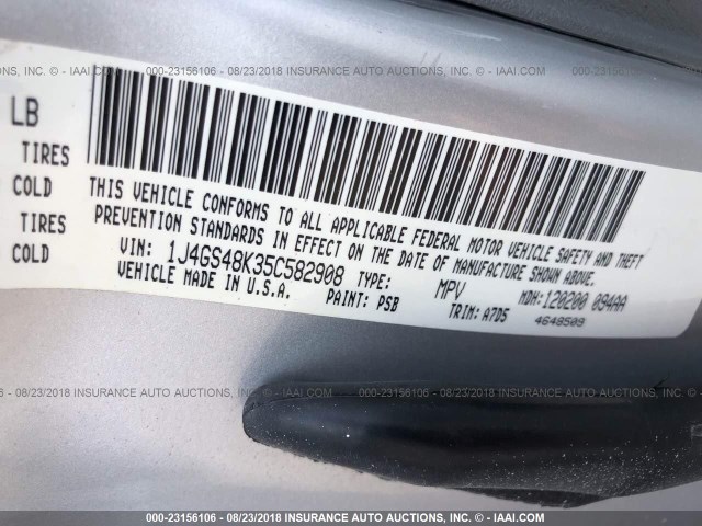 1J4GS48K35C582908 - 2005 JEEP GRAND CHEROKEE LAREDO/COLUMBIA/FREEDOM 银色 照片 9